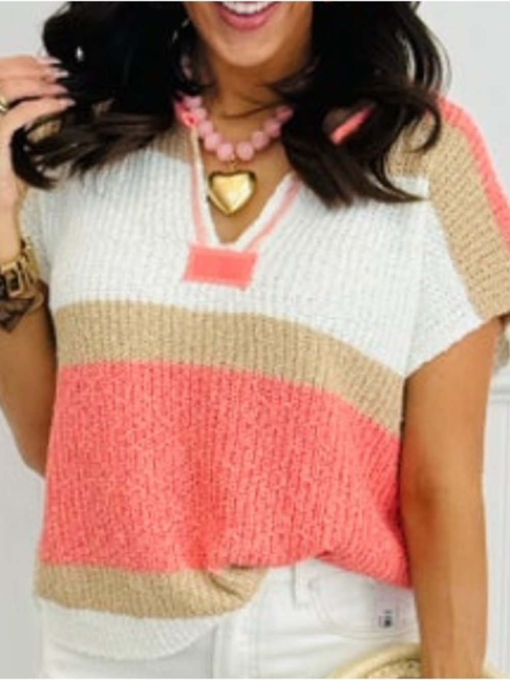 Casual Colorblock V-Neck Short Sleeve Sweater Shirt - Coral/mocha